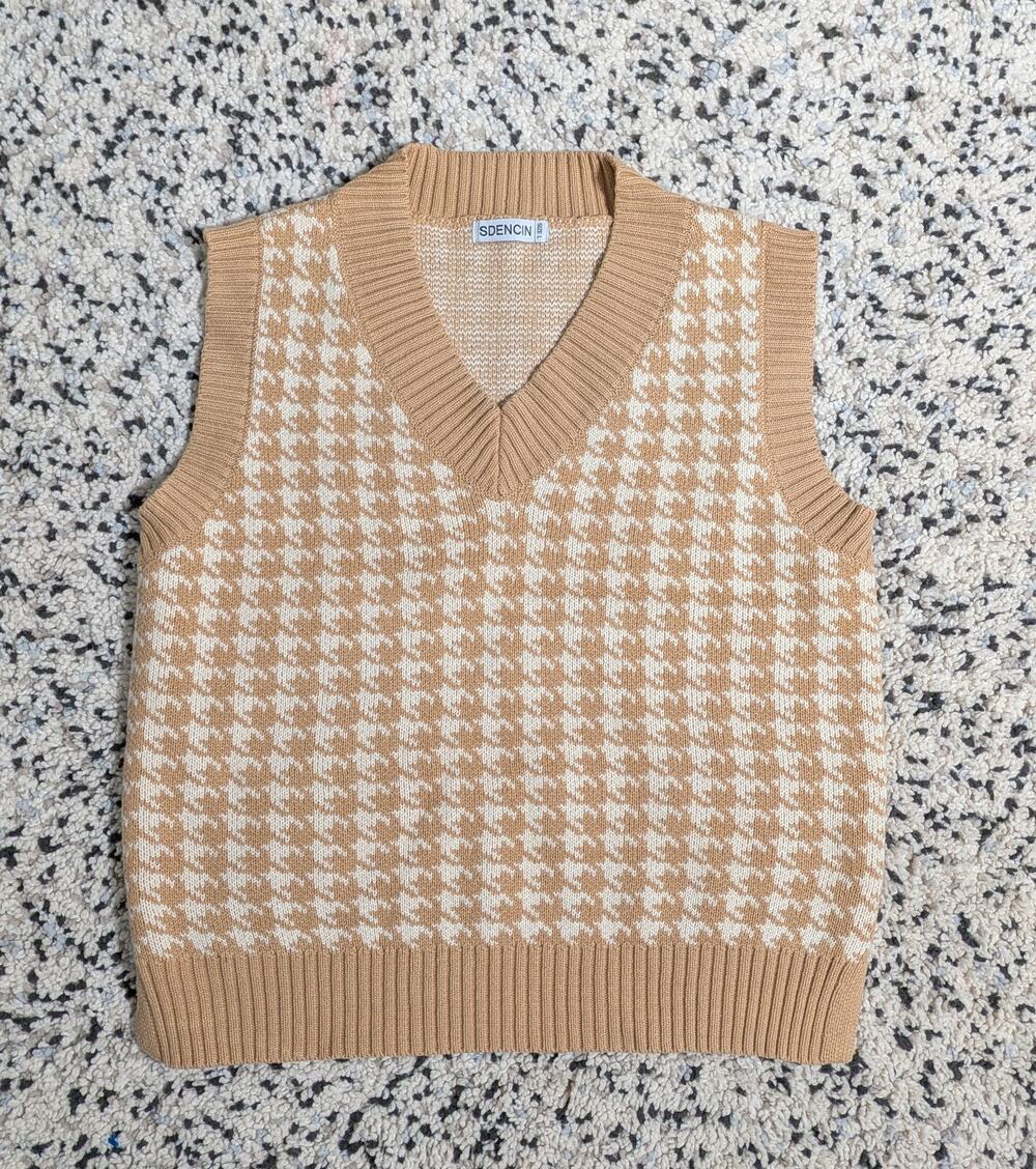 SDENCIN Tan & White Houndstooth V-Neck Sweater Vest Size L Preppy Academia